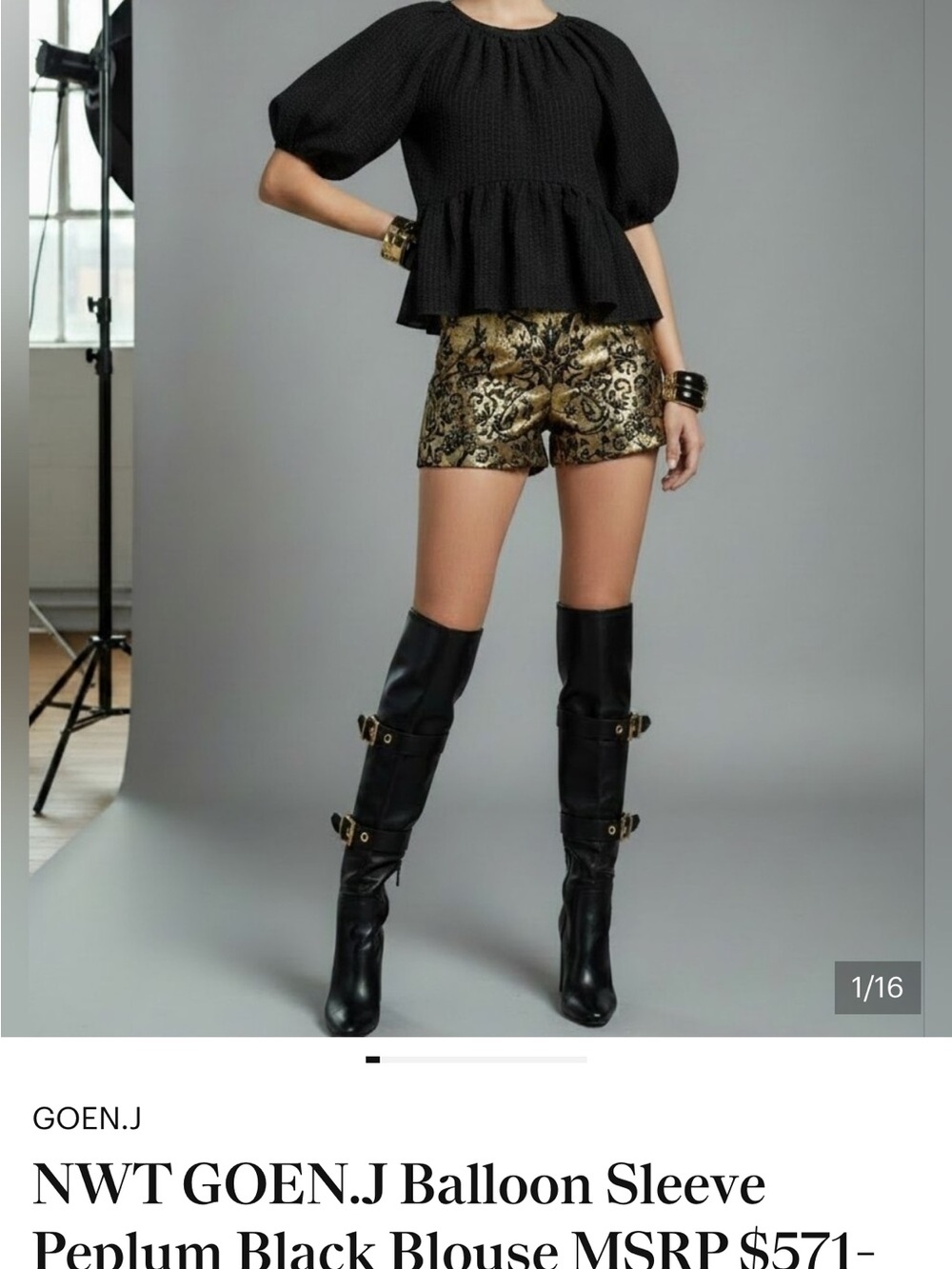 GOEN.J Black Textured Puff Sleeve Peplum Blouse
